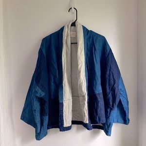 Indigo patchwork oversized fit cardigan.